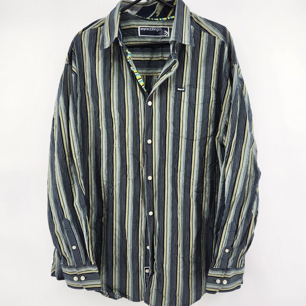 VTG Enyce Clothing Co Mens XXL Striped Button Down Shirt Navy Green Yellow
